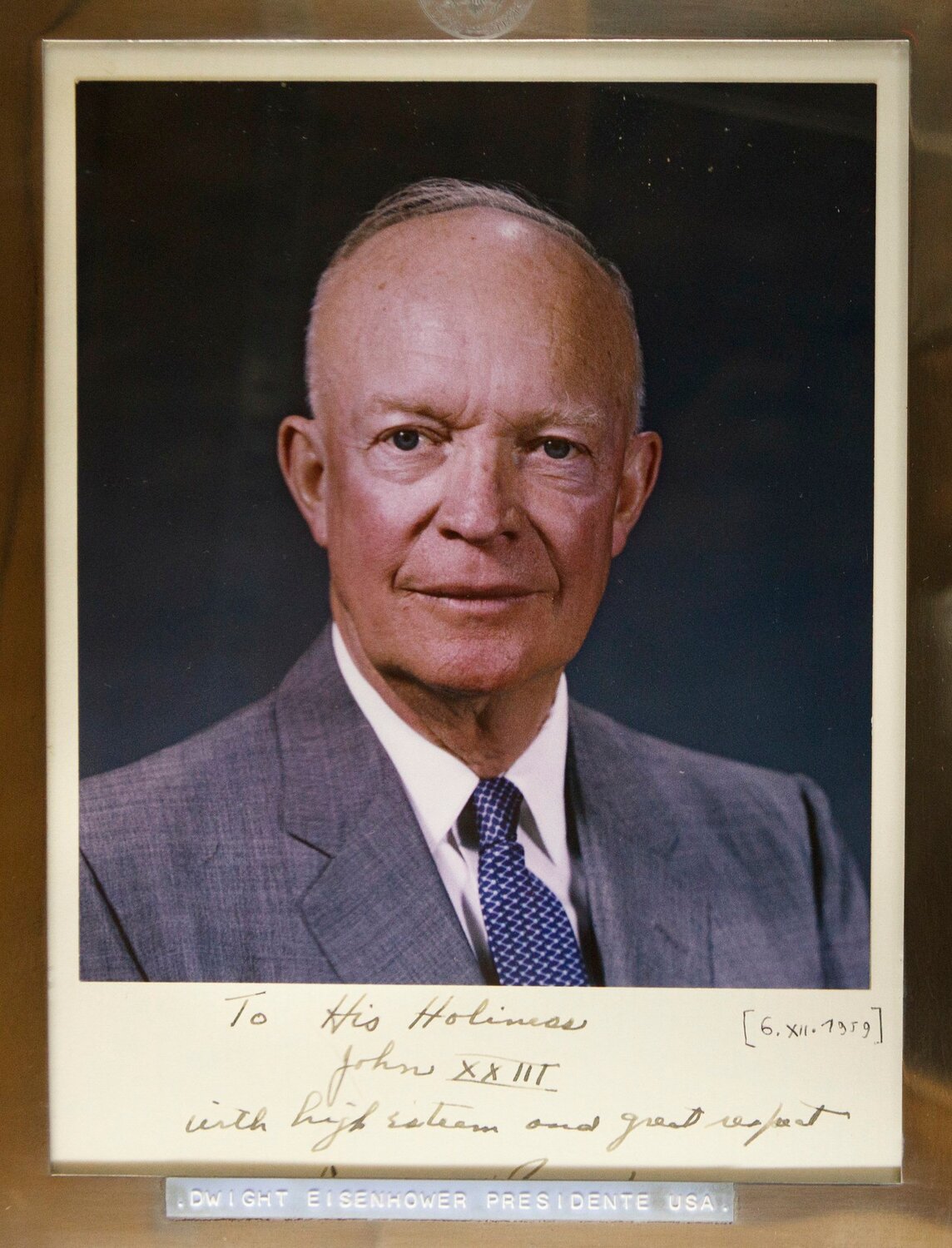 U.S. President Dwight D. Eisenhower gave this signed photograph of himself to Blessed John XXIII during their meeting at the Vatican Dec. 6, 1959. The photo is conserved in a museum at the pontiff's birthplace in Sotto il Monte Giovanni XXIII, Italy.
